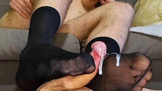 Sockjob with thin black sheer socks on my bf