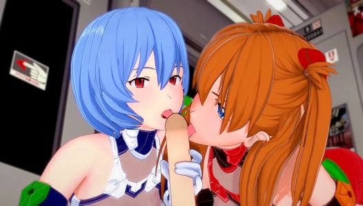 Asuka und Rei geben einen Blowjob in POV: Neon Genesis Evangelion 3D-Hentai-Parodie