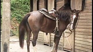 Brünettes Cowgirl bekommt einen fetten Schwanz zum Ficken, nachdem sie ihre Muschi gegessen hat