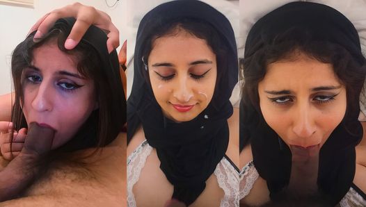 Schüchterne muslimische Tochter bekommt intensiven Mundsex und Sperma im Gesicht