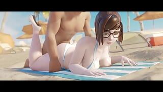 Mei in einem kleinen bikini wird am strand auf dem bauch liegend gepohlt