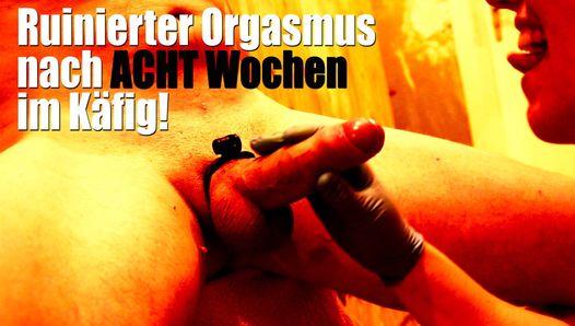 Ruinierter Orgasmus nach 8 Wochen Keuschheitsgürtel - Lady feiert das Teasen, quält ihn und läßt ihn auslaufen