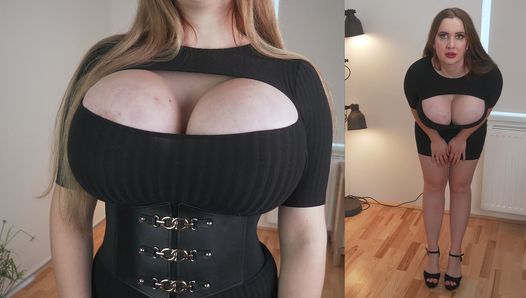 Enorma bröst date night fantasy: poserar och retas i liten svart klänning