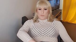 Manchester TS, Sasha Paige plays with her cock in the office
