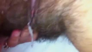 Wife's hairy pussy gets dripping creampied