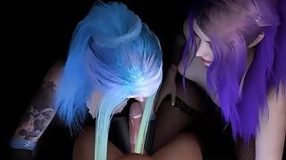 Zwei mädchen mit hell gefärbten haaren geben doppelten blowjob: 3d porn kurzer clip