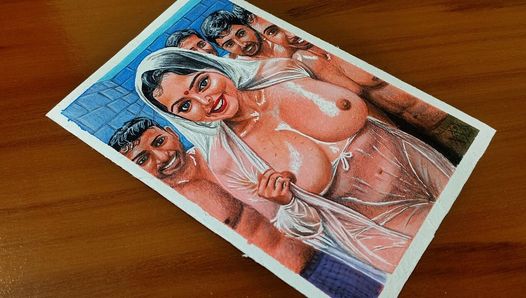 セクシーなインドの女性が4人の男性に濡れるエロティックなアートや絵