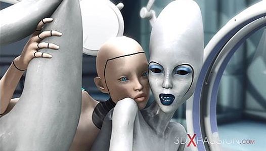 Weiblicher Sex, Android spielt mit einem Alien im Sci-Fi-Labor