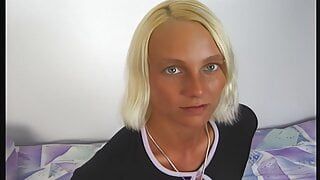 petite blonde with a dildo in her ass sucks her boyfriend's cock greedily