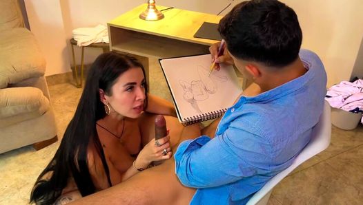 De kunstenaar kan zichzelf niet in bedwingen en masturbeert tijdens het tekenen van de grote tieten van de Colombiaanse Silvana Lee naakt - Angel Cruz