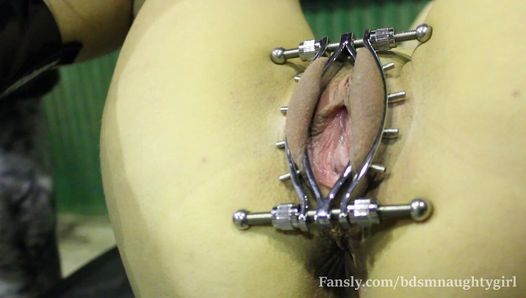 He puts a labia clamp in my pussy and plays with it. I's winter, I'm suffering the cold ( BdsmNaughtyGirl )