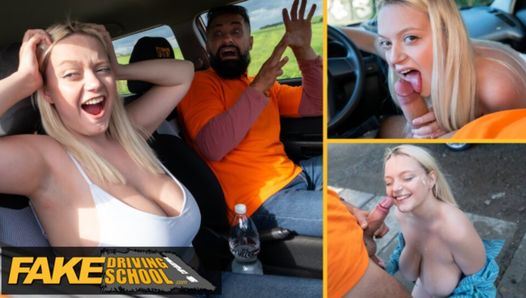 Fake Driving School - хардкорный секс с большими натуральными сиськами и камшотом на лицо после почти мисс с фейковым такси