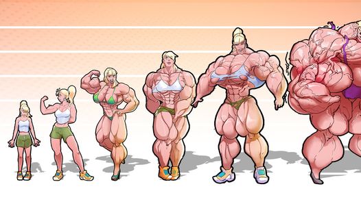 30 días de animación de crecimiento muscular femenino - doblado - giganta, músculos, tetas masivas, flexión de bíceps gigante