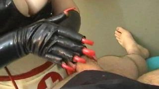Gummi-Nylon-Krankenschwester-Handjob-Handschuh, lange rote Nägel