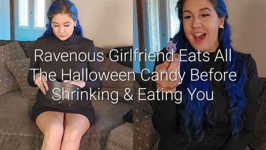 Heißhungrige freundin isst alle halloween-süßigkeiten, bevor sie dich schrumpft und isst