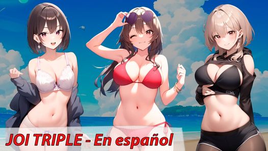 Spanska Hentai Joi. 3 vänner vill onanera dig på stranden.