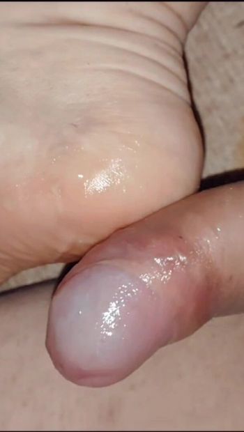 Rich cumshot from my big cock, my milk on my sexy feet from a hot and beautiful trans