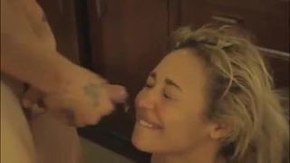 Cute blondie gets a facial then a cum cleanup