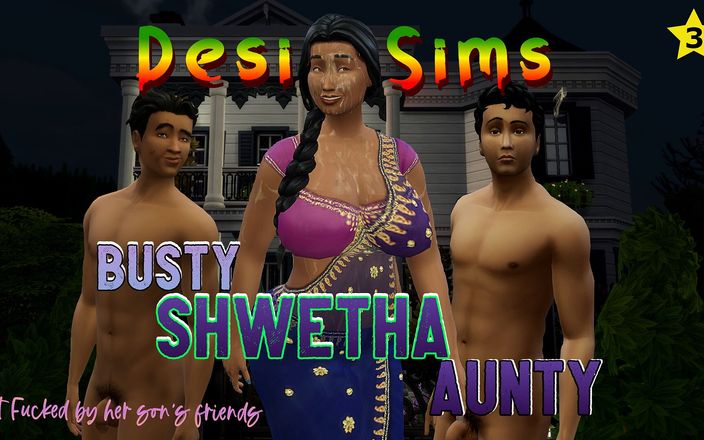 Desi Sims: देसी बड़े स्तनों वाली भारतीय साड़ी वाली आंटी श्वेता दो युवा लड़कों के साथ