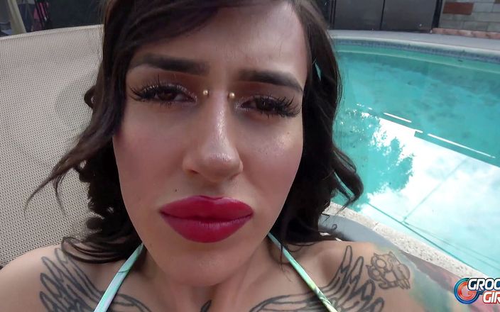 Grooby Girls: Latina tgirl Gia Cruz cums hard outdoor by the pool