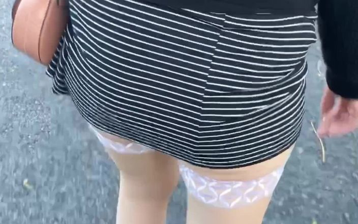Lady Oups exhib & slave stepmom: Walk on the Street in a Micro Skirt, Plug and...