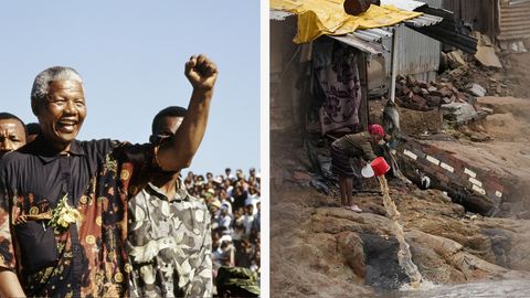 Nelson Mandela 1994 im Wahlkampf (l.). Die Hoffnungen vieler schwarzer Südafrikaner auf mehr Wohlstand haben sich später kaum erfüllt. Noch immer lebt ein Großteil von ihnen in Armut, wie hier in einem Slum in Johannesburg.