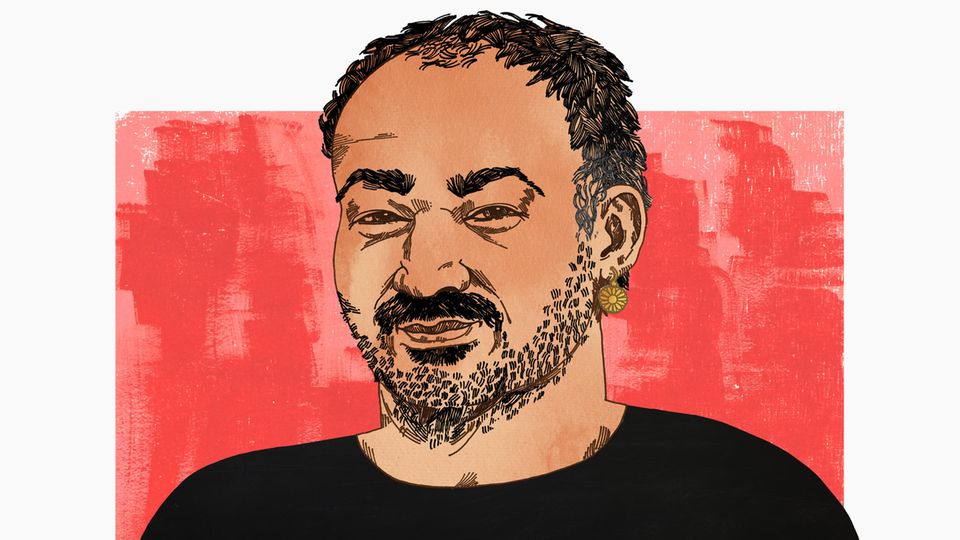 Illustration zeigt ein Portrait von Dincer Gücyeter auf rotem Hintergrund