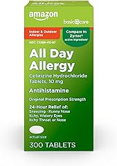 Amazon Basic Care 24 Hour Allergy Relief, Cetirizine Hydrochloride Tablets, 10 mg, 300 Count