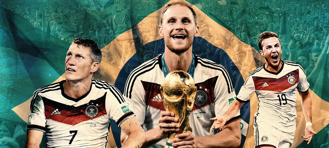 Collage mit Bastian Schweinsteiger, Benedikt Höwedes und Mario Götze von der WM 2014