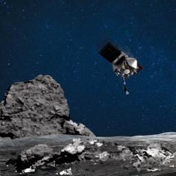 Eine Animation zeigt das Raumschiff OSIRIS-REx und den Asteroid Bennu.