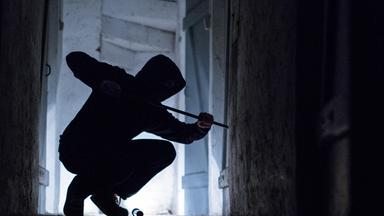 Ein Einbrecher hebelt mit einem Brecheisen eine Tür im Keller eines Hauses auf. (Symbolbild)