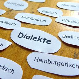 Die Bezeichnungen verschiedener Dialekte auf Zetteln liegen auf einem Tisch