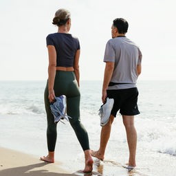 Eine Frau und eine Mann gehen barfuß am Strand entlang - in den Händen halten sie Sportschuhe - Rückenansicht