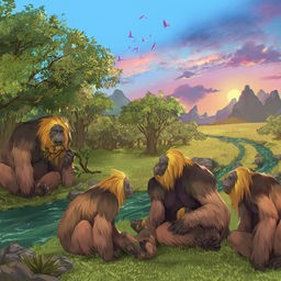 Künstlerische Darstellung einer Gruppe von "Gigantopithecus blacki" in einem Wald. 