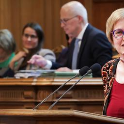 Die Abgeordnete Heike Sudmann (Die Linke) spricht in der Aktuellen Stunde bei einer Sitzung der Hamburgischen Bürgerschaft im Rathaus. 