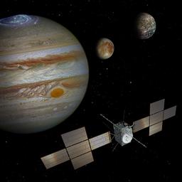 Eine nicht maßstabsgetreue Abbildung zeigt die Sonde "Juice", Jupiter (M) und die Monde Ganymed (l-r), Io, Europa und Kallisto.