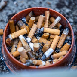 Zigarettenkippen liegen in einem als Aschenbecher genutzten Rohrdeckel.