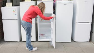 Eine junge Frau schaut sich Kühlschränke in einem Elektro-Fachgeschäft an.