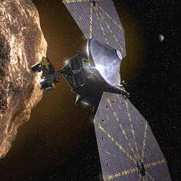 Illustration der Raumsonde Lucy in der Nähe eines Asteroiden