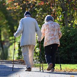 Ein älterer Mann und eine ältere Frau gehen mit Nordic Walking Stöcken spazieren.