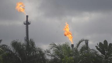 Gasfackeln des Ölkonzerns Agip auf Ackerland in Idu im Nigerdelta.