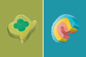 Two pieces of Lucky Charms cereal, one a green clover and one a blue moon with a rainbow, against a split green and blue background