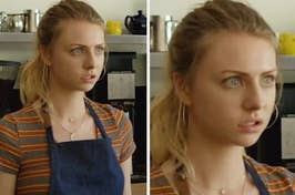 Woman in a striped shirt and apron appears concerned, likely in a kitchen setting, depicting a scene related to food