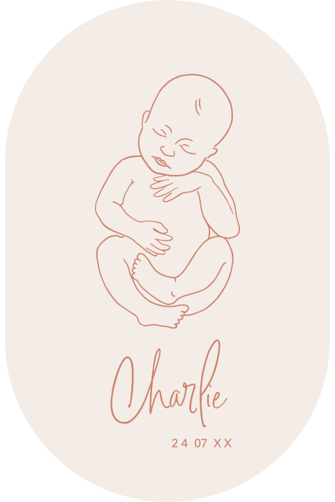Prachtige ovale geboortekaart met lijntekening van baby