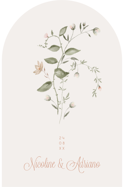 Stijlvolle botanische trouwkaart boogvorm en bloemen