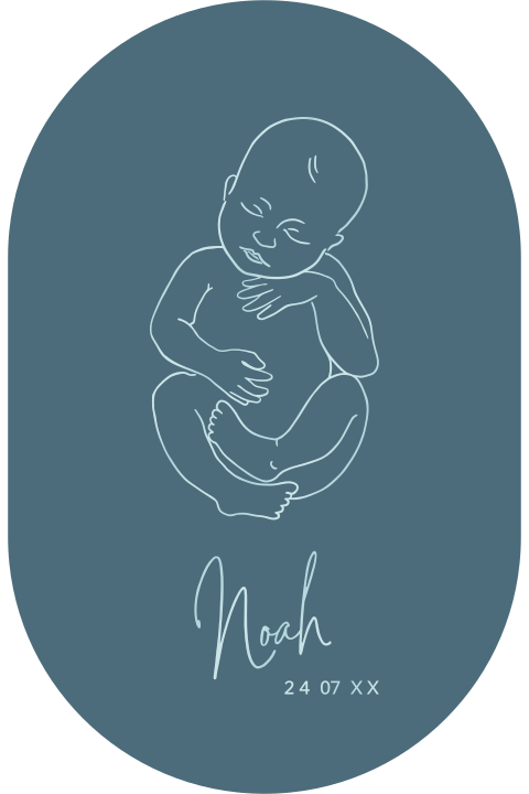 Prachtige ovale geboortekaart met hoogglans lijntekening baby