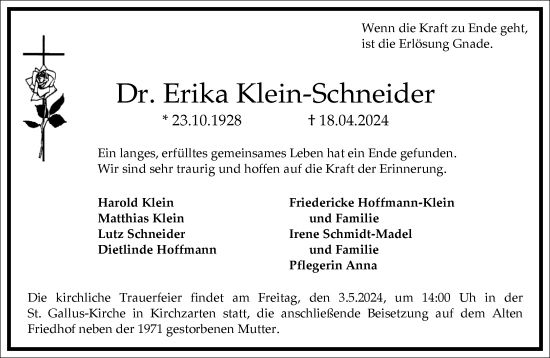 Traueranzeige von Erika Klein-Schneider von Frankfurter Allgemeine Zeitung