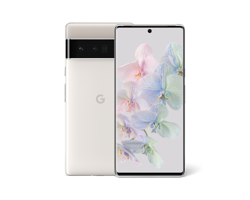 Vorder- und Rückansicht: Google Pixel 6 Pro in Cloudy White
