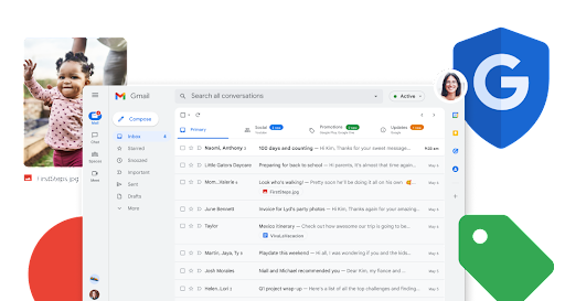 תיבת הדואר הנכנס ב-Gmail עם סמלי פונקציות מוגדלים, מסודרים אופקית