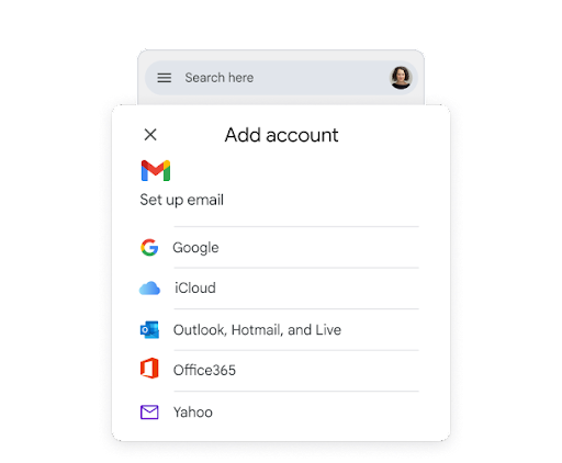 간소화된 휴대전화 UI에는 '계정 추가'라는 헤더가 있고, 다양한 이메일 서비스의 아이콘이 표시되어 여러 이메일 제공업체를 Gmail 앱에 간단하게 추가할 수 있음을 보여 줍니다.